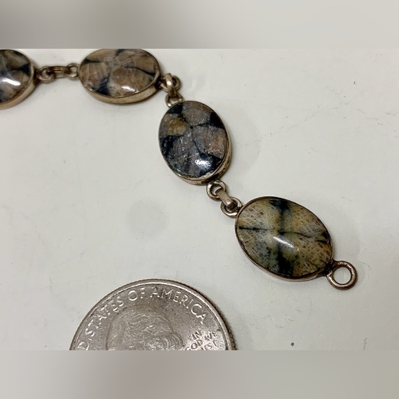 Victorian Era Antique Silver Encased Polished Stone Vintage Link Bracelet - Picture 6 of 15